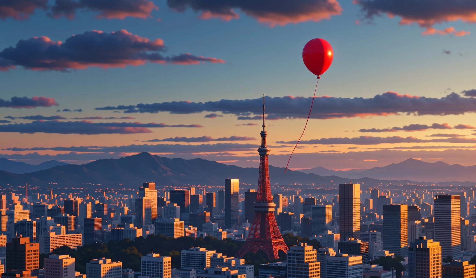 An image showing a red balloon flying over a modern skyline.